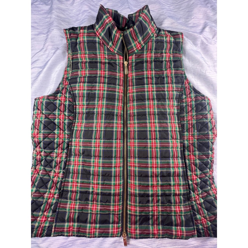 Vineyard Vines Plaid Quilted Vest Women's Large Gold Zipper Puffer Sleeveless